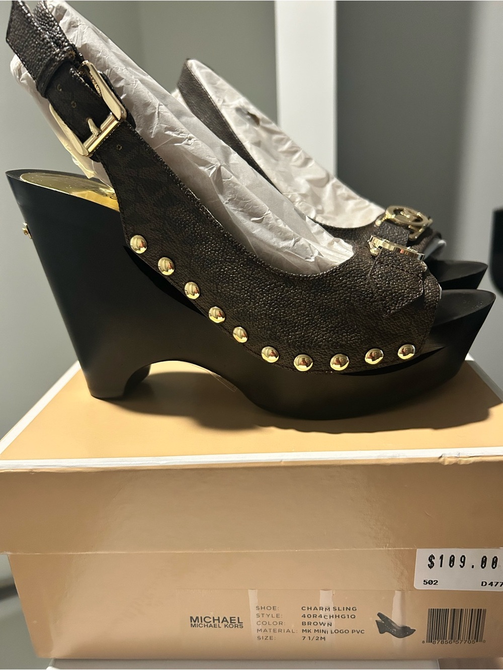 Michael Kors Brown Peep-Toe Studded Wedge Slingbacks